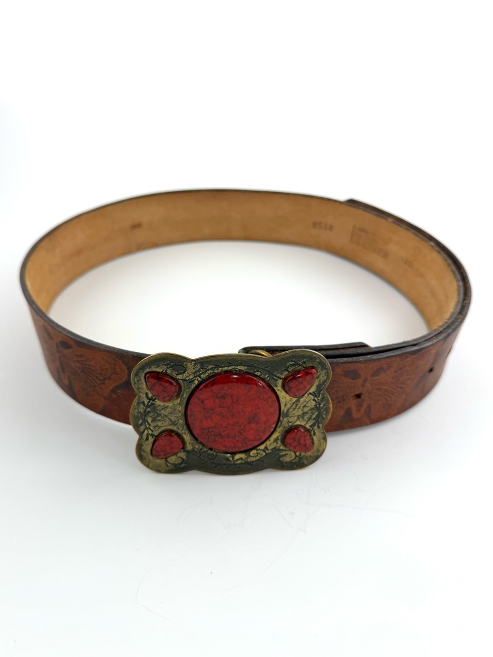 SOLD Hand Stained Latitan Leather Butterfly Belt with Red Stone Buckle Size 32 - Picture 2 of 8